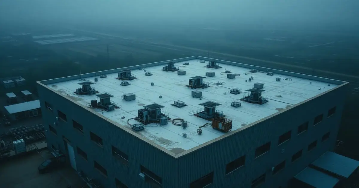Aerial view of a large flat commercial roof with HVAC units