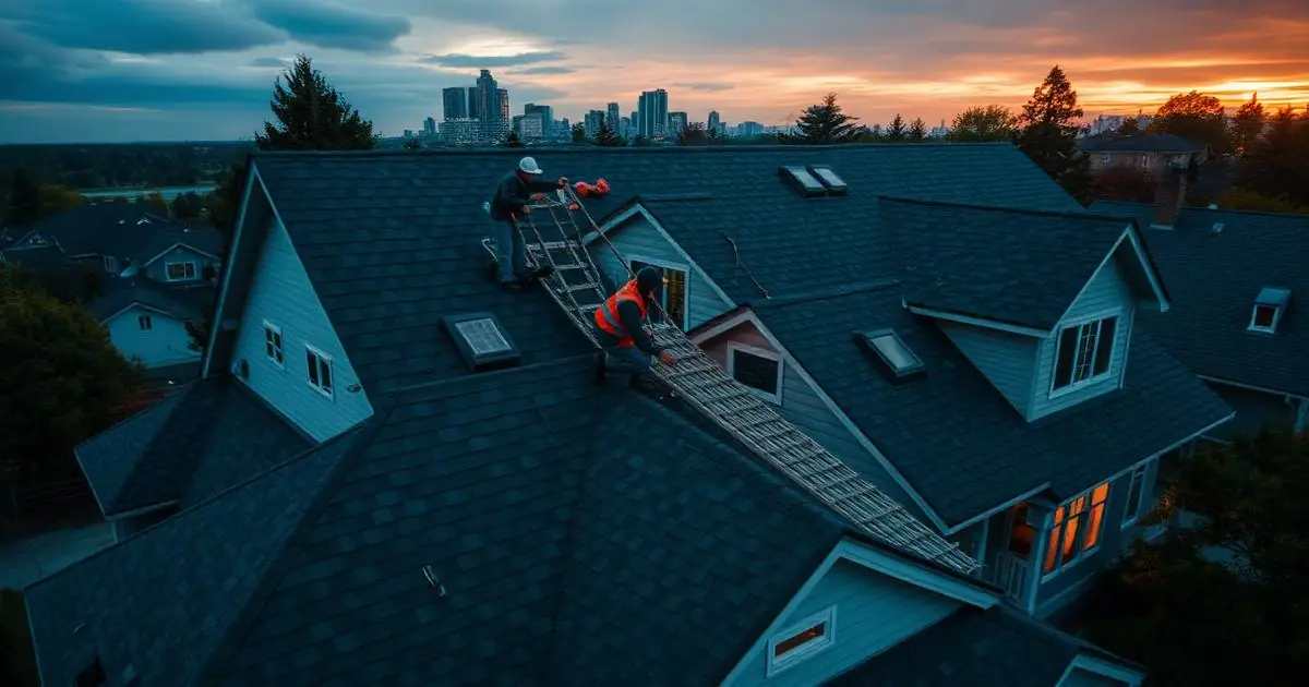Aerial view of a roofing crew working on a suburban shingle roof at dusk