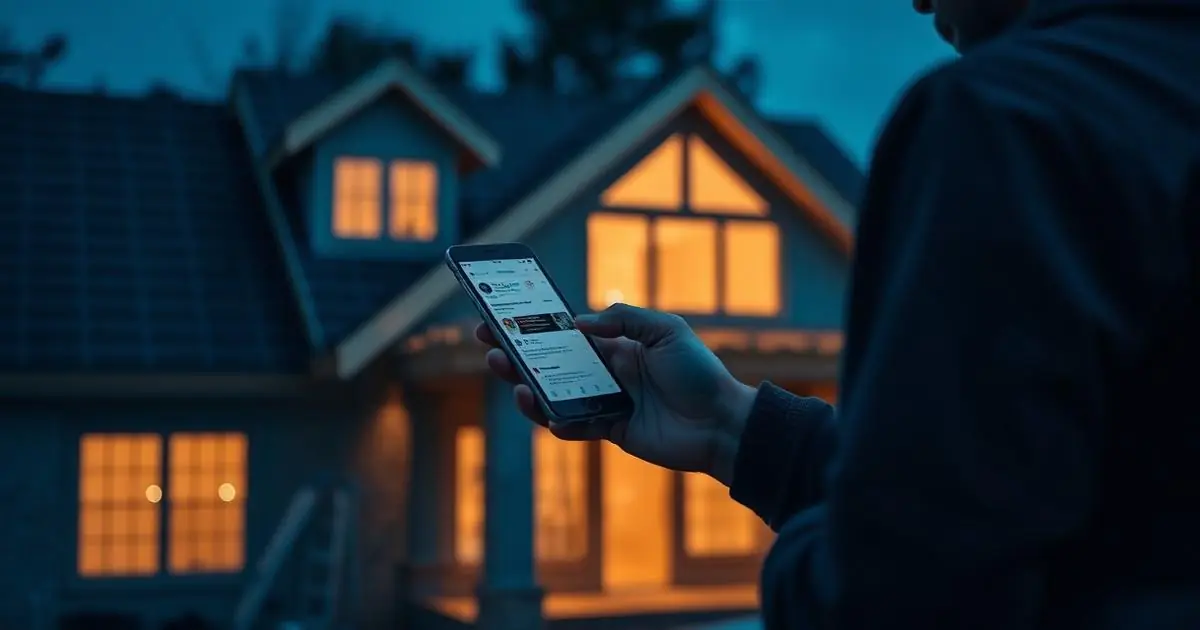 Roofing contractor scrolling a social media feed on a phone in front of a house