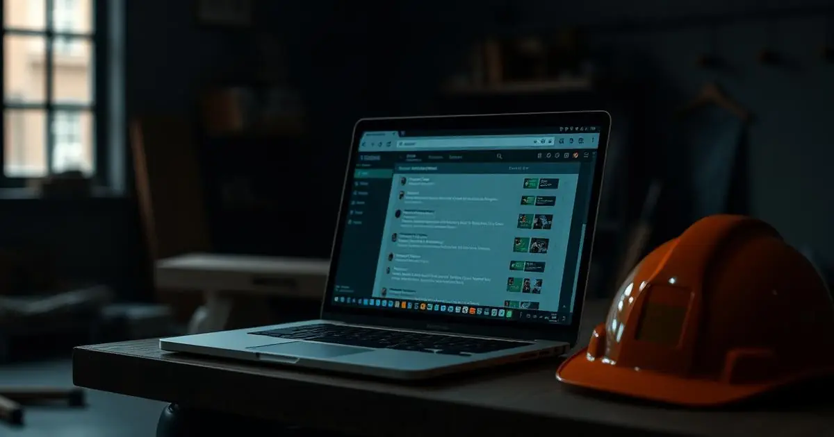 Laptop showing search results on a contractor's workbench next to a hard hat