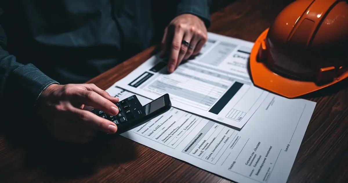 Contractor calculating job costs with a calculator, paperwork and a hard hat on a desk