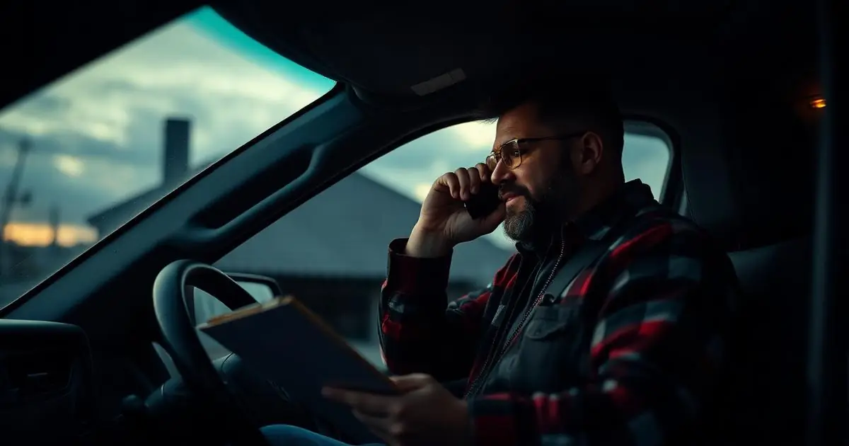 Roofing business owner calling a lead from the cab of his work truck