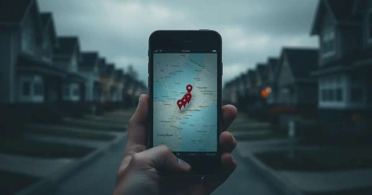 Phone showing a local map with location pins in front of a residential street