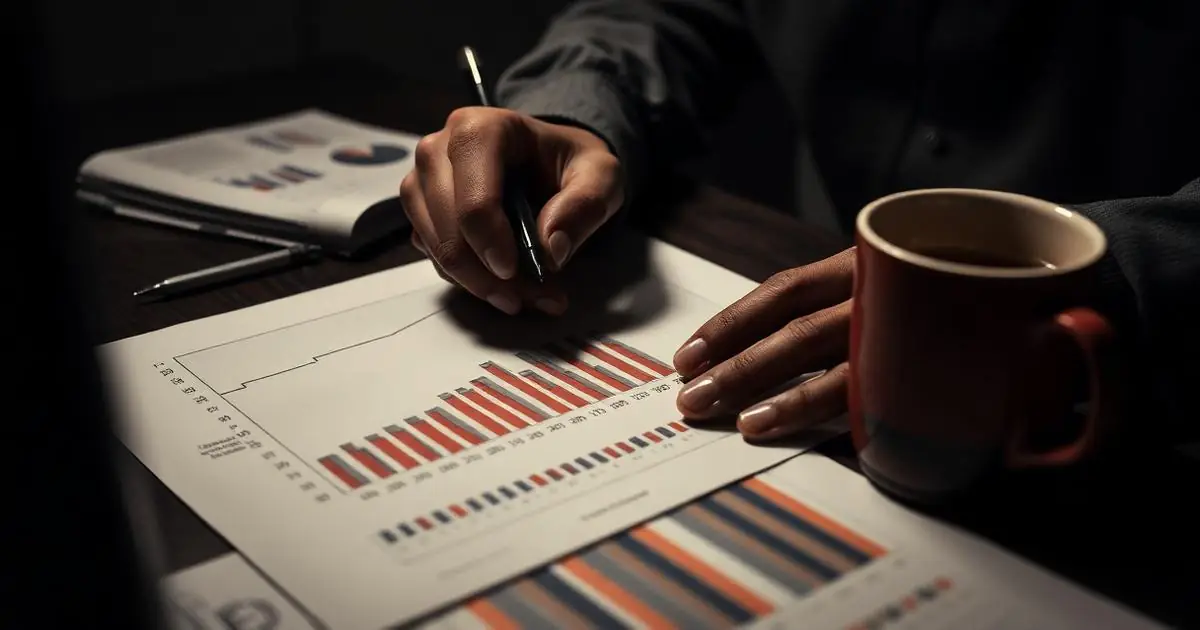 Hands reviewing printed marketing performance charts with a pen and coffee