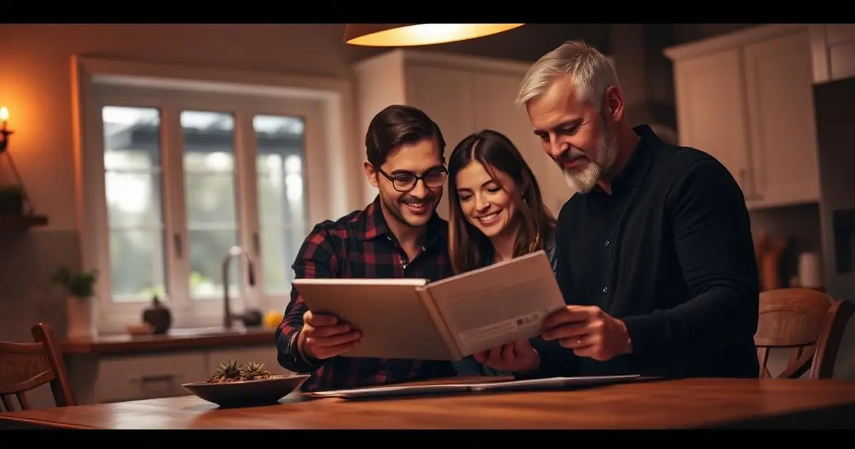 Roofing salesperson presenting a proposal to homeowners at a kitchen table