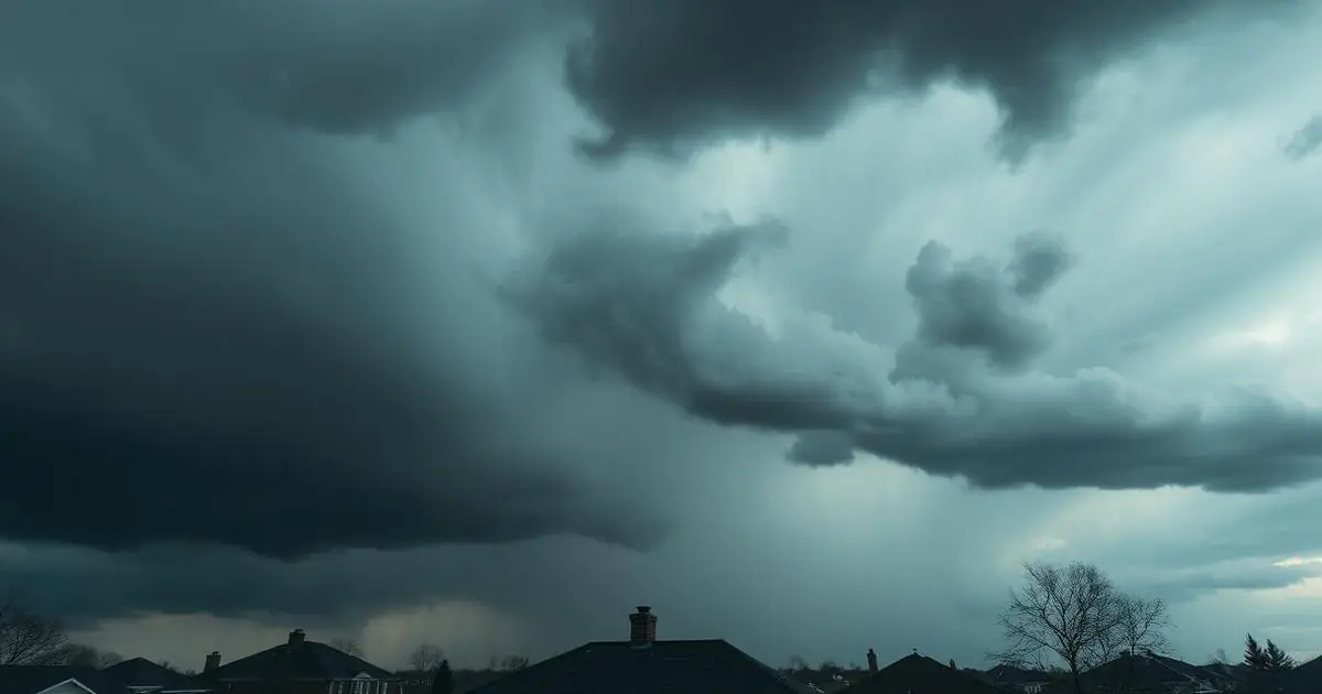 Dark storm clouds rolling over the rooftops of a suburban neighborhood
